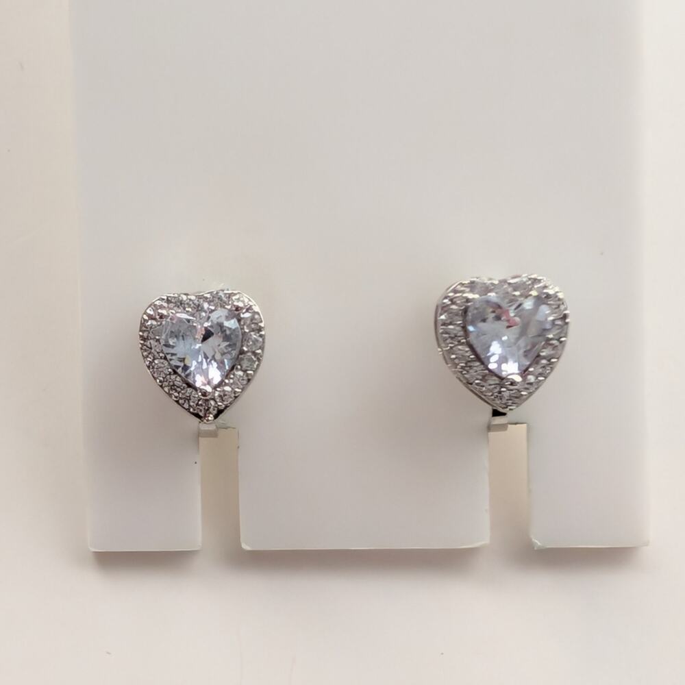 Vintage Silver Tone Stunning Halo Rhinestone Glass Heart Clip On Earrings